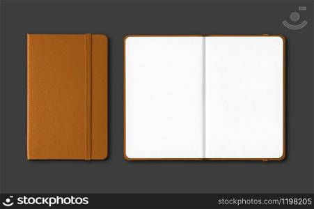 Leather closed and open notebooks mockup isolated on black. Leather closed and open notebooks isolated on black