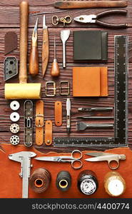 Leather crafting DIY tools flat lay still life