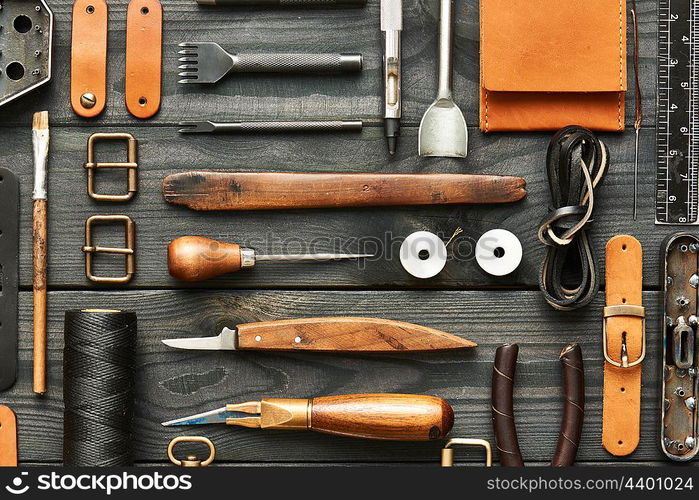 Leather crafting DIY tools flat lay still life