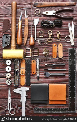 Leather crafting DIY tools flat lay still life