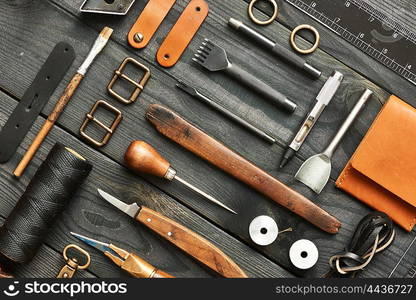 Leather crafting DIY tools flat lay still life