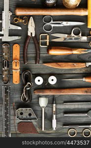 Leather crafting DIY tools flat lay still life