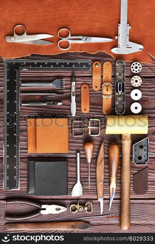 Leather crafting DIY tools flat lay still life