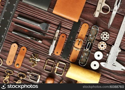 Leather crafting DIY tools flat lay still life