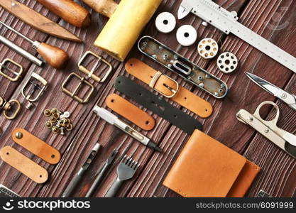 Leather crafting DIY tools flat lay still life