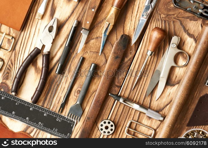 Leather crafting DIY tools flat lay still life