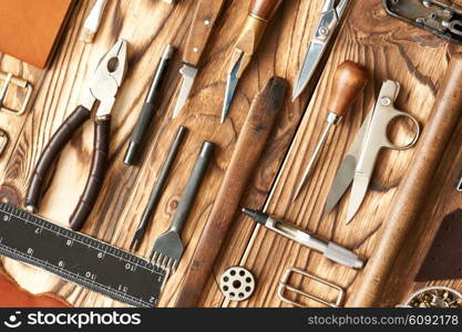 Leather crafting DIY tools flat lay still life