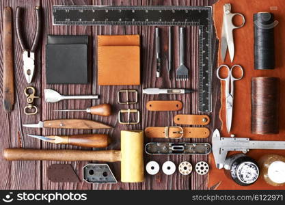 Leather crafting DIY tools flat lay still life