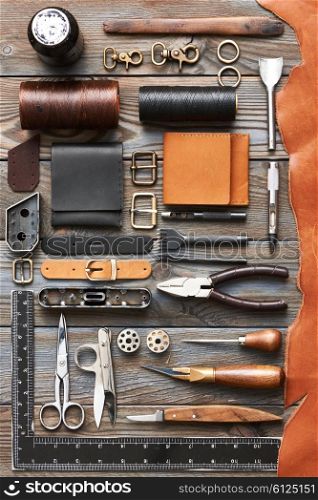 Leather crafting DIY tools flat lay still life