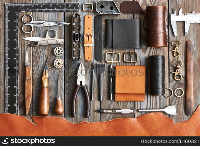 Leather crafting DIY tools flat lay still life