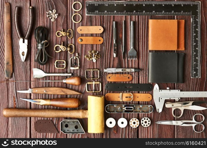 Leather crafting DIY tools flat lay still life