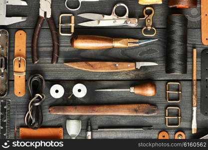 Leather crafting DIY tools flat lay still life