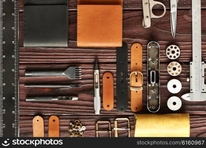 Leather crafting DIY tools flat lay still life