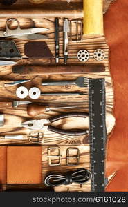 Leather crafting DIY tools flat lay still life