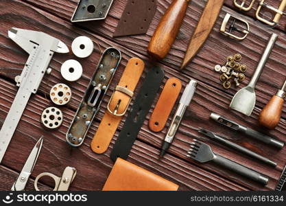 Leather crafting DIY tools flat lay still life