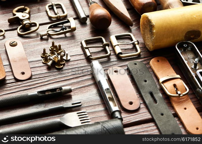 Leather crafting DIY tools flat lay still life