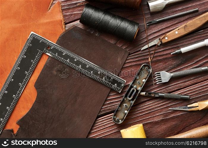Leather crafting DIY tools flat lay still life