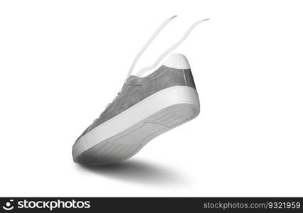 Leather grey color men&rsquo;s sneakers with white lace and rubber soles isolated on white background. Men&rsquo;s sports casual shoes. Fashionable sneakers. Male fashion, hipster footwear. With clipping path