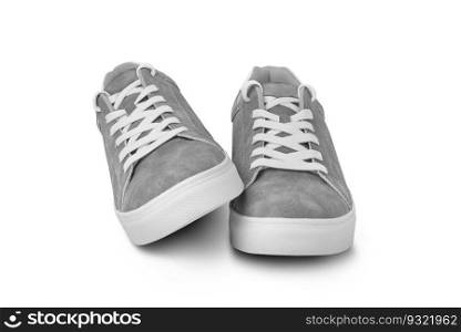Leather grey color men’s sneakers with white lace and rubber soles isolated on white background. Men’s sports casual shoes. Fashionable sneakers. Male fashion, hipster footwear. With clipping path