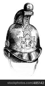 Leather Helmet, vintage engraved illustration. Magasin Pittoresque 1836.