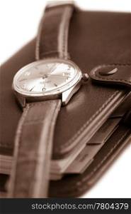 leather organizer and watch isolated (shallow DOF)