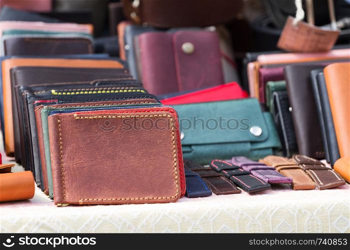 Leather purses at the market in Kyiv