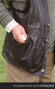 Leather shooting gillet with large pockets for ammunition