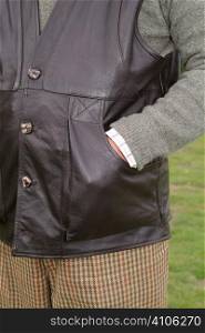Leather shooting gillet with large pockets for ammunition