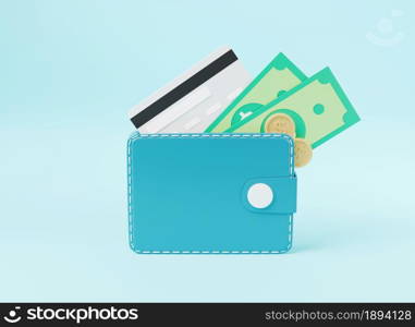 Leather wallet with credit cards, coins and banknote bill inside icon on blue background, finance money saving concept, shopping online payment transfer, web elements design, 3D render illustration