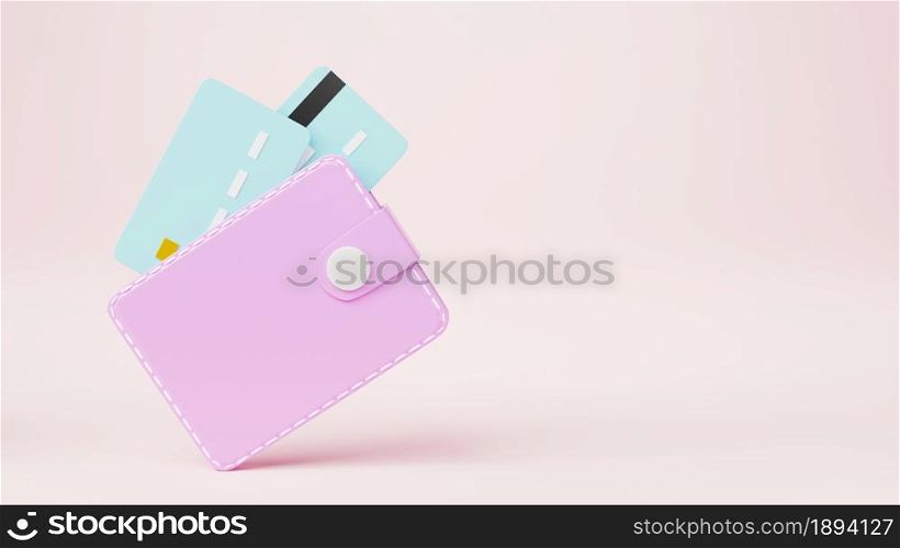 Leather wallet with credit cards inside icon on pink background, finance money saving concept, shopping online payment transfer, graphic web elements design, 3D rendering illustration