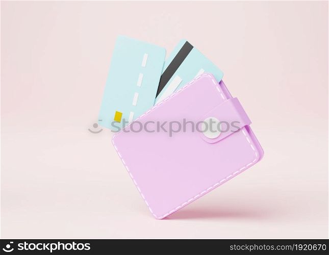 Leather wallet with credit cards inside icon on pink background, finance money saving concept, shopping online payment transfer, graphic web elements design, 3D rendering illustration