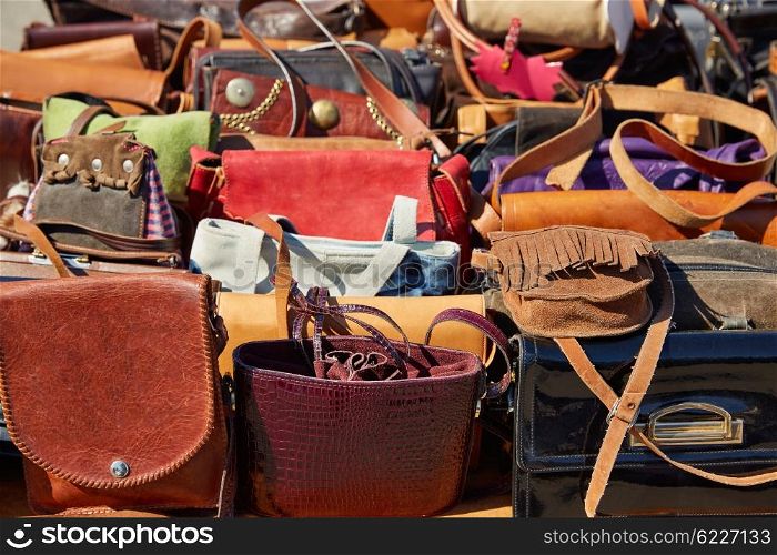 leathergoods leather bags in a row from Morocco Africa in outdoor market