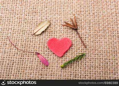 Leaves around heart shaped object on canvas