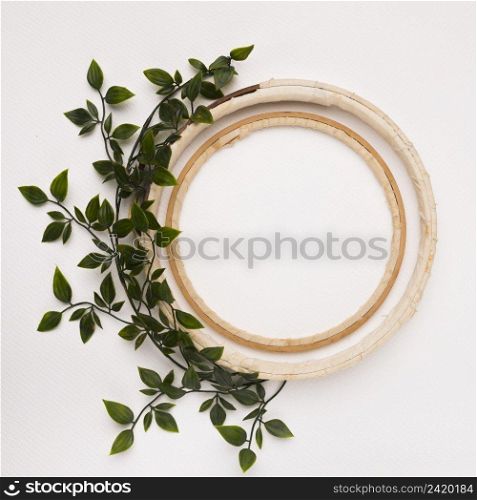 leaves decoration with empty wooden circles white backdrop