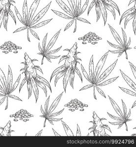 Leaves of cannabis plant used in alternative medicine, seamless pattern. Monochrome sketch outline of hashish, narcotic or prohibited herb. Marijuana foliage, ganja weed, vector in flat style. Cannabis plant with foliage, leaves of marijuana seamless pattern