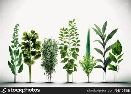 Leaves of different plants. Variety of species to use as decoration. Isolated on a white background. Generative AI