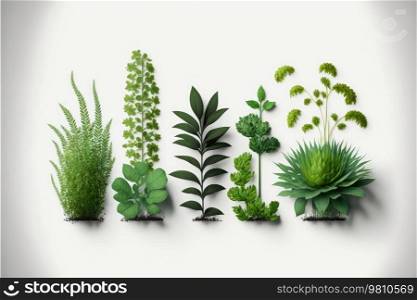 Leaves of different plants. Variety of species to use as decoration. Isolated on a white background. Generative AI