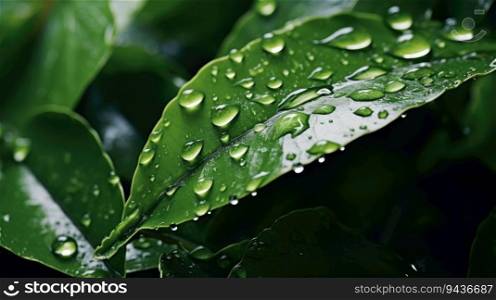 Leaves with waterdrops. Drops of transparent rain water on leaves macro. Generative AI