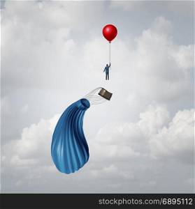 Leaving a failing business concept and plan B strategy as urgent contingency planning as a businessman escaping from a falling hot air balloon as a contingency symbol with 3D illustration elements.