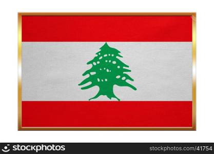Lebanese national official flag. Patriotic symbol, banner, element, background. Correct colors. Flag of Lebanon , golden frame, fabric texture, illustration. Accurate size, color