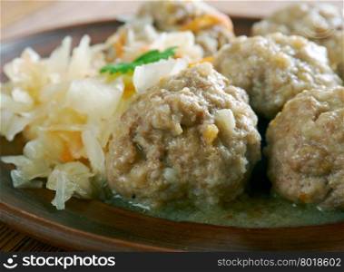 Leberknodel - traditional dish of German,Austrian and Czech cuisines.meat is ground and mixed with bread, eggs, parsley and various spices, often nutmeg or marjoram