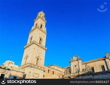 Lecce Cathedral top on Piazza del Duomo square, Lecce, Italy. Lecce is the main city of the Salentine Peninsula, a sub-peninsula at the heel of Italy.