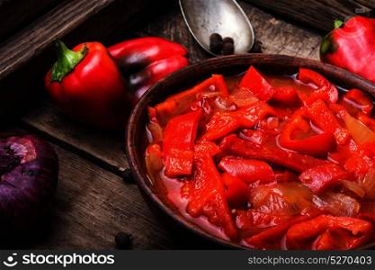 lecso classic dish of Hungarian cuisine. lecso national dish of Hungarian cuisine with pepper and tomato