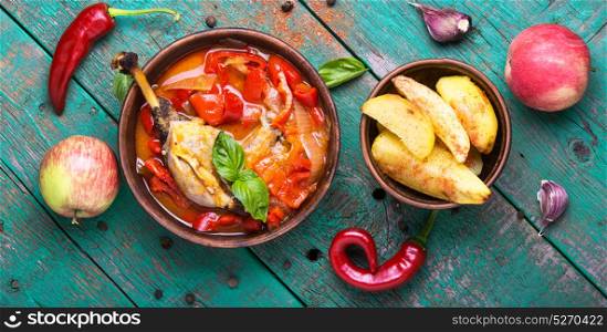 lecso dish of Hungarian cuisine. lecso national dish of Hungarian cuisine with pepper and meat