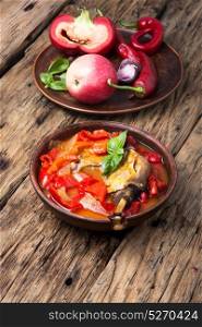 lecso dish of Hungarian cuisine. lecso national dish of Hungarian cuisine with pepper and meat