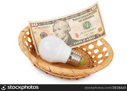 LED light bulb and money in basket