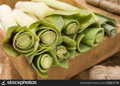 Leeks in a Wooden Tray