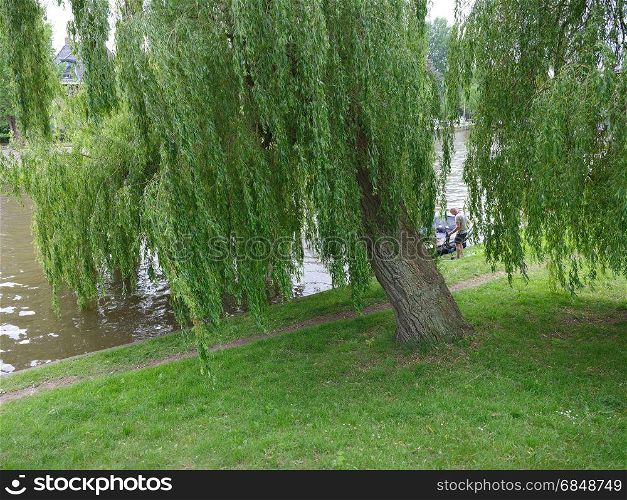 Leeuwarden, Netherlands, 11 june 2017: man and woman park their boat under willow tree in center of old city leeuwarden in the netherlands