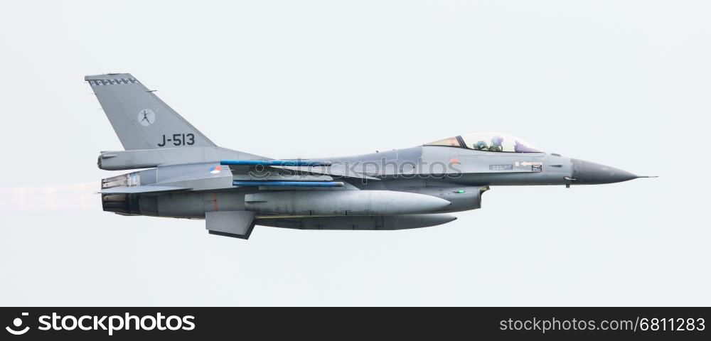 LEEUWARDEN, THE NETHERLANDS - JUN 11, 2016: Dutch F-16 fighter jet take off during the Royal Netherlands Air Force Days