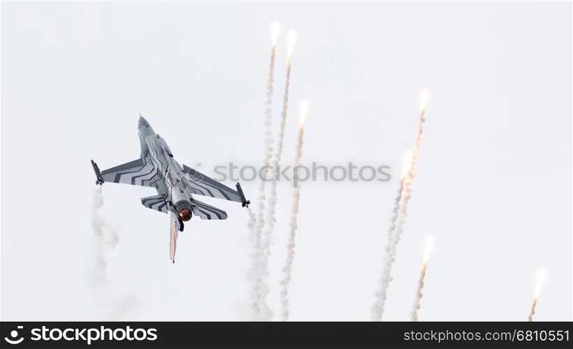 LEEUWARDEN, THE NETHERLANDS-JUNE 10, 2016: Belgium - Air Force General Dynamics F-16 AM at the Dutch Airshow on June 10, 2016 at Leeuwarden Airfield, The Netherlands.